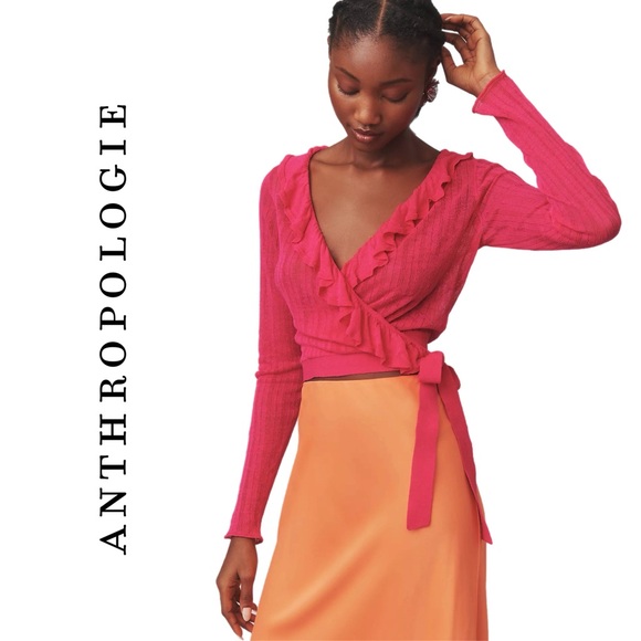 Anthropologie Maeve Linen Ruffled Wrap Cardigan Sweater - Picture 3 of 8